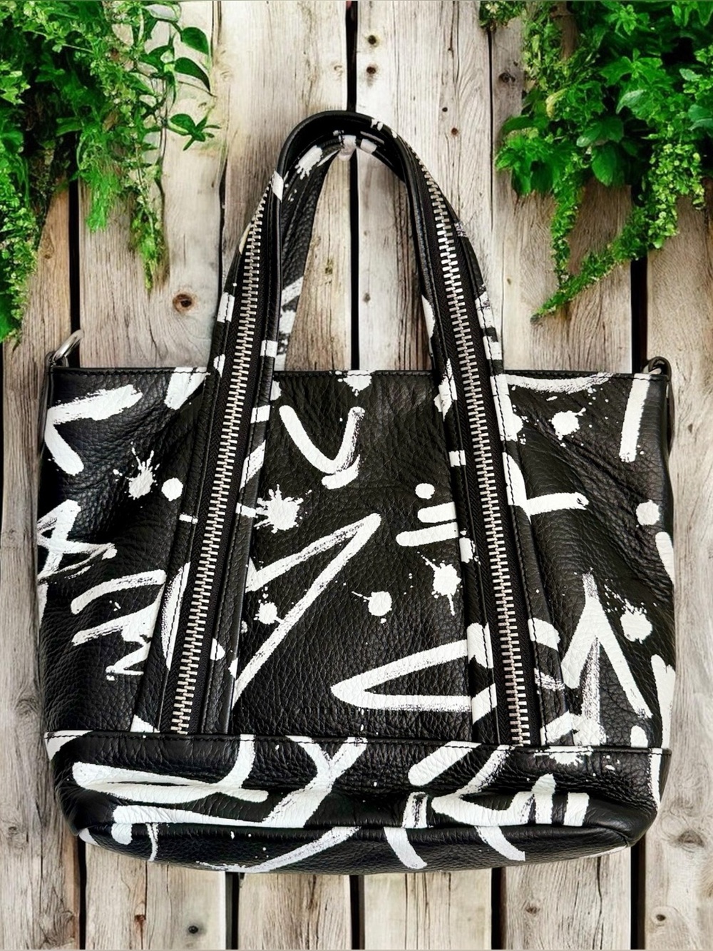 Black and White Graffiti Genuine Leather Tote Bag